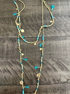 Express Gold-Tone and Turquoise Beaded Tassel Layered Necklace